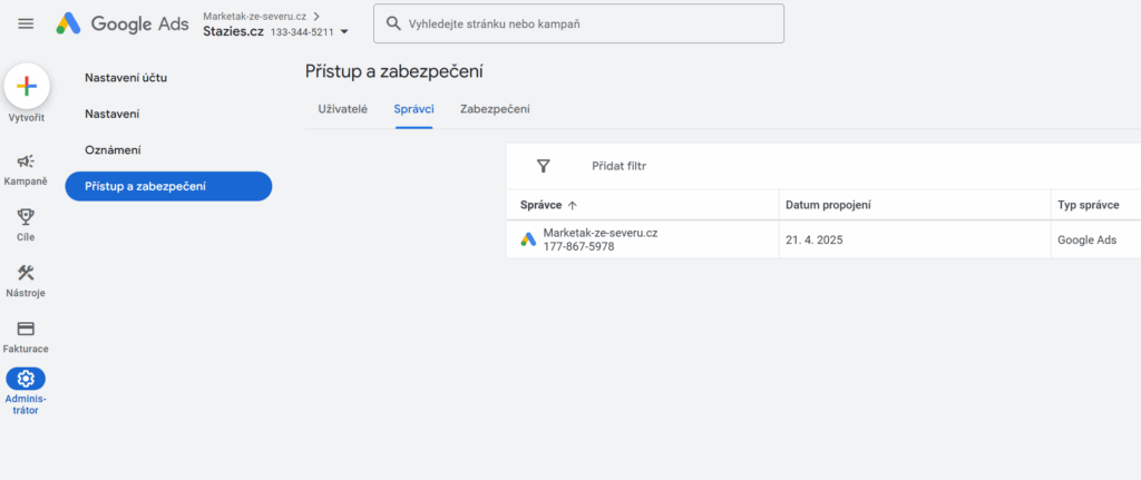 ukázka přístupu do google ads
