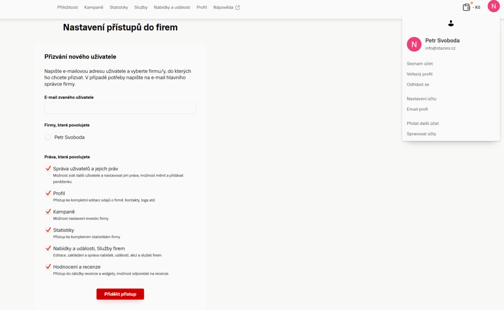 ukázka přidělení přístupů do Firmy.cz