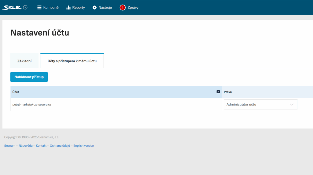 ukázka přístupů do Sklik.cz Seznam