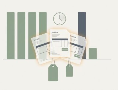 Editorial ilustrace transparentního AI pricingu: tři invoice dokumenty uprostřed, bar chart vlevo (tradiční hodiny) vs vpravo (AI run), dvě cenovky visící dole — sage green a slate grey paleta.