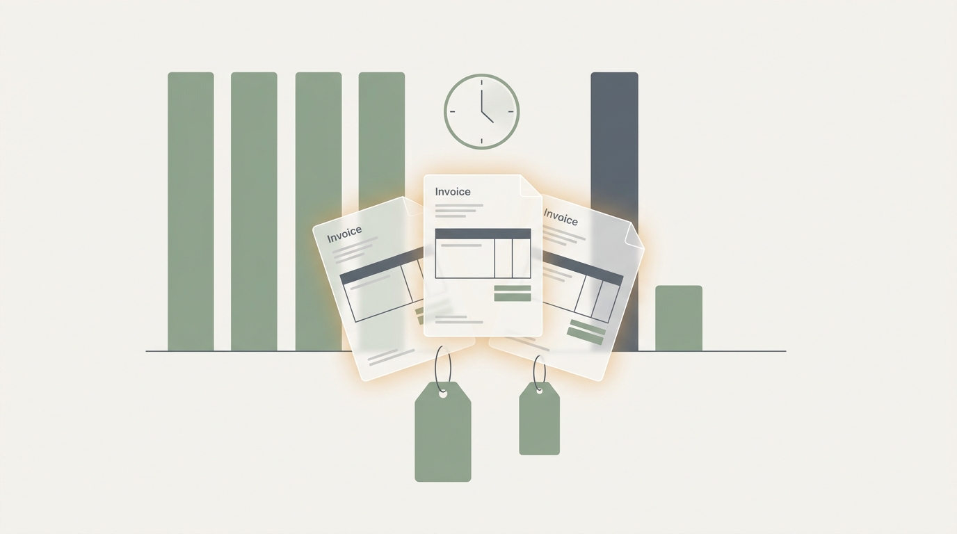 Editorial ilustrace transparentního AI pricingu: tři invoice dokumenty uprostřed, bar chart vlevo (tradiční hodiny) vs vpravo (AI run), dvě cenovky visící dole — sage green a slate grey paleta.