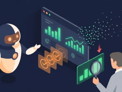 Vyhodnocování PPC kampaní v době ztráty dat – robot u dashboardu, unikající data a analytik měřící reálný přínos reklamy