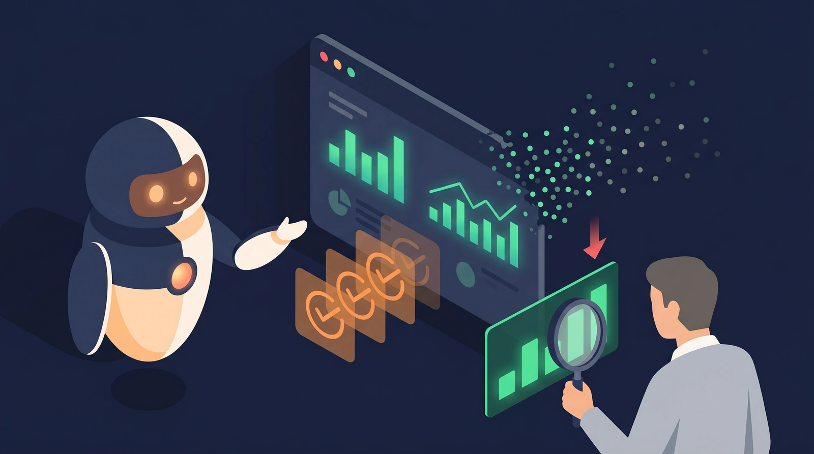 Vyhodnocování PPC kampaní v době ztráty dat – robot u dashboardu, unikající data a analytik měřící reálný přínos reklamy