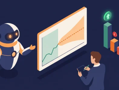 Revenue forecast a Marketing Mix Model pro PPC freelancera – robot u grafu predikce s pásmem spolehlivosti a realokací rozpočtu mezi kanály