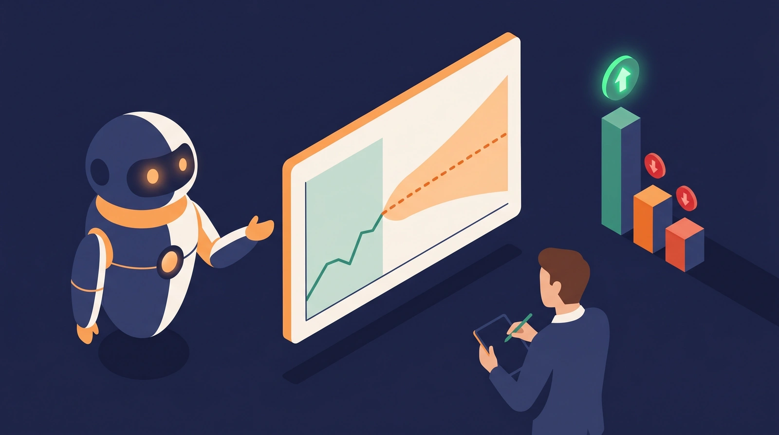 Revenue forecast a Marketing Mix Model pro PPC freelancera – robot u grafu predikce s pásmem spolehlivosti a realokací rozpočtu mezi kanály